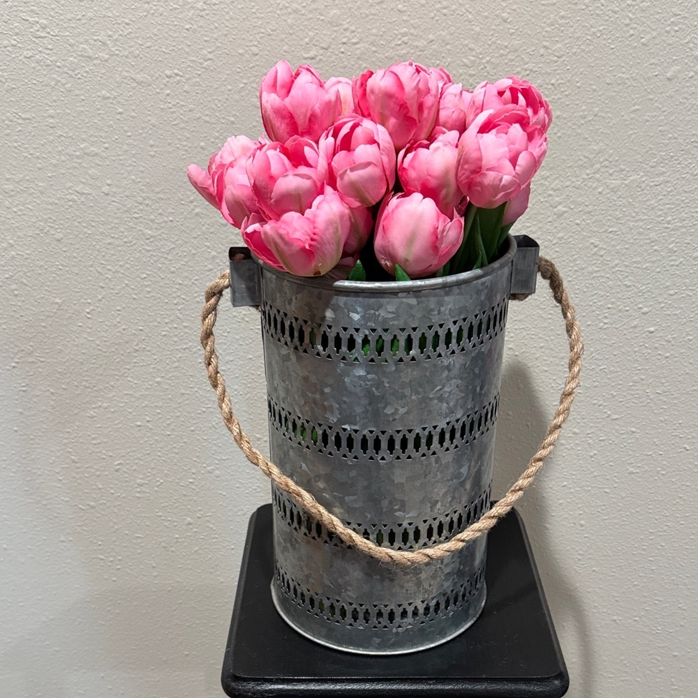 Pink Tulip Faux Floral Arrangement in Galvanized Bucket with Rope Handle